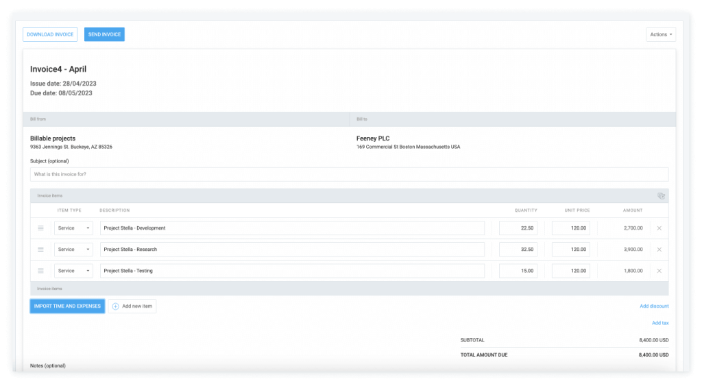 Invoice for the Stella project with billable tasks from the month of April.