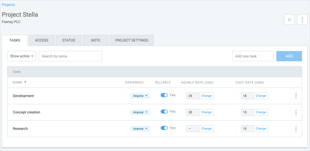 Creating a list of billable tasks for a project, with their hourly and cost rates.