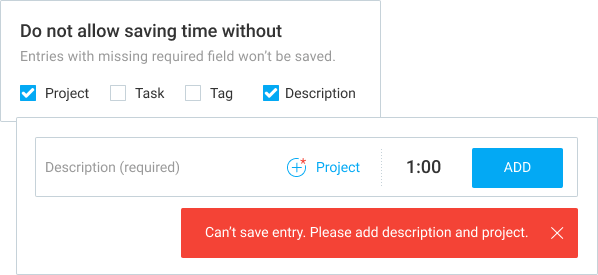Setting up required fields to save time entry.