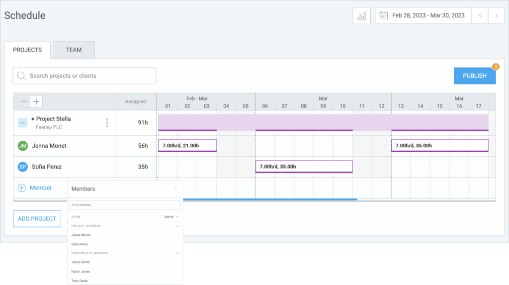 Creating a schedule and assigning team members to a project.