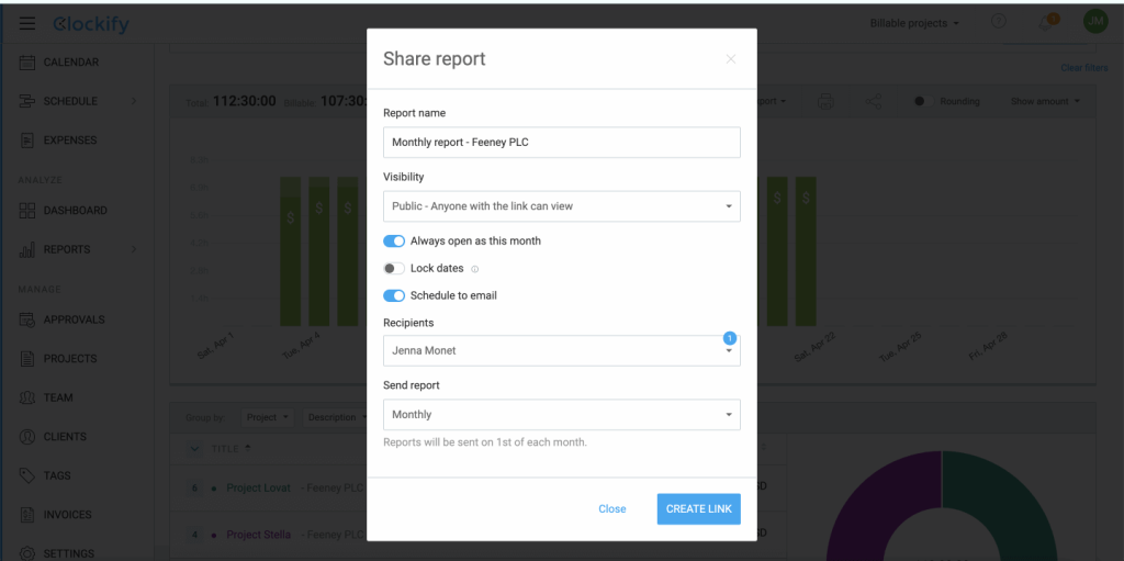 Report sharing settings.