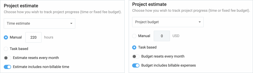 Setting up project's time and budget estimates, manually in total, or as a task-based estimate.