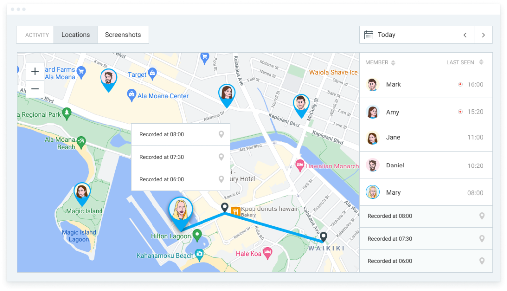 GPS feature to track employee daily routes and location on a map.