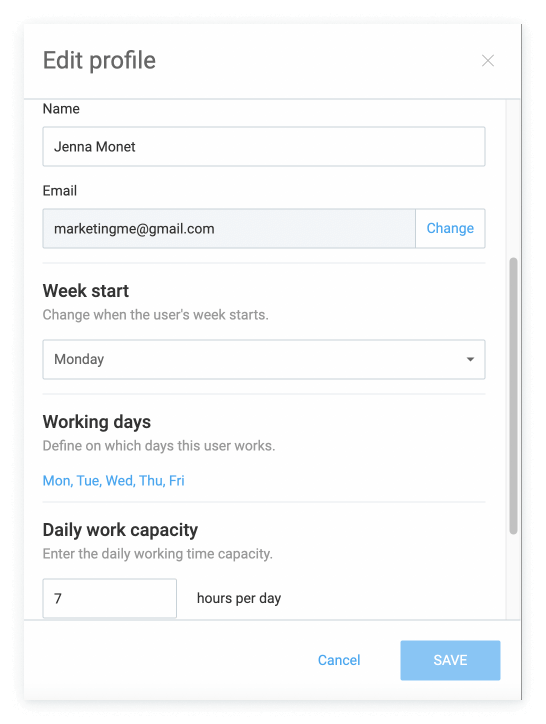 Setting up user profile settings, working days, and daily working capacity.