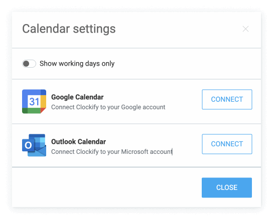 Clockify calendar sync options with Google and Outlook.