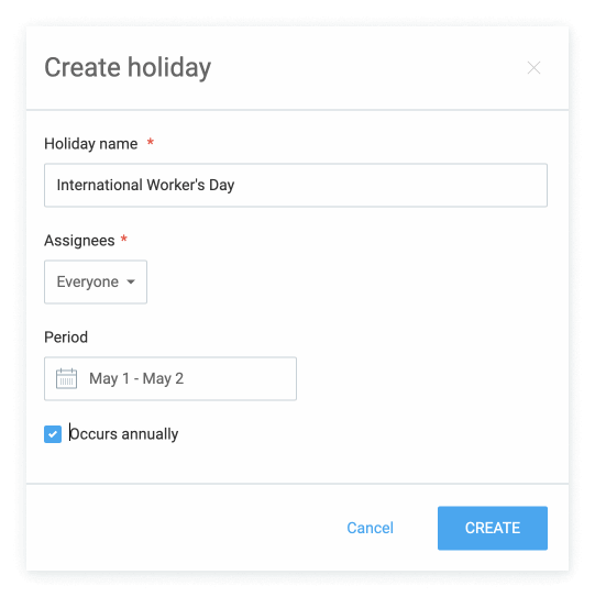 Create a holiday (time off feature).