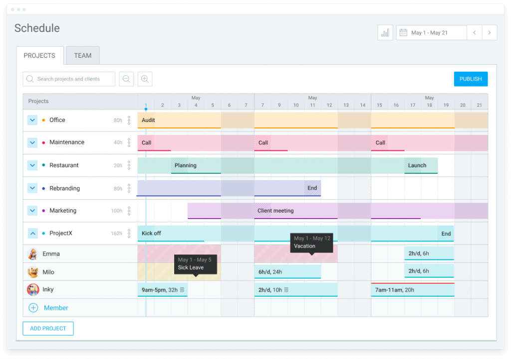 Project scheduling in Clockify.