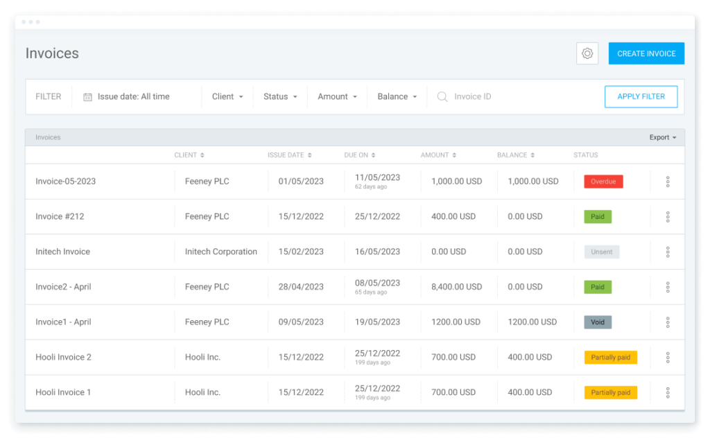 A list of invoices with their status in Clockify.