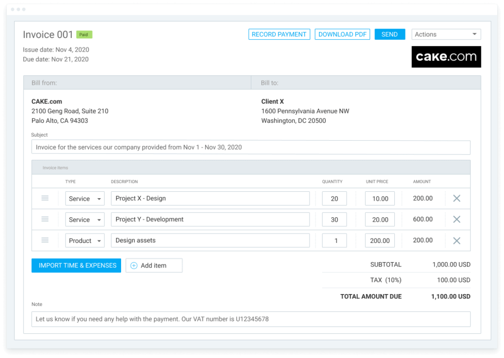 An invoice created in Clockify with billable services, expenses, and tax calculated.