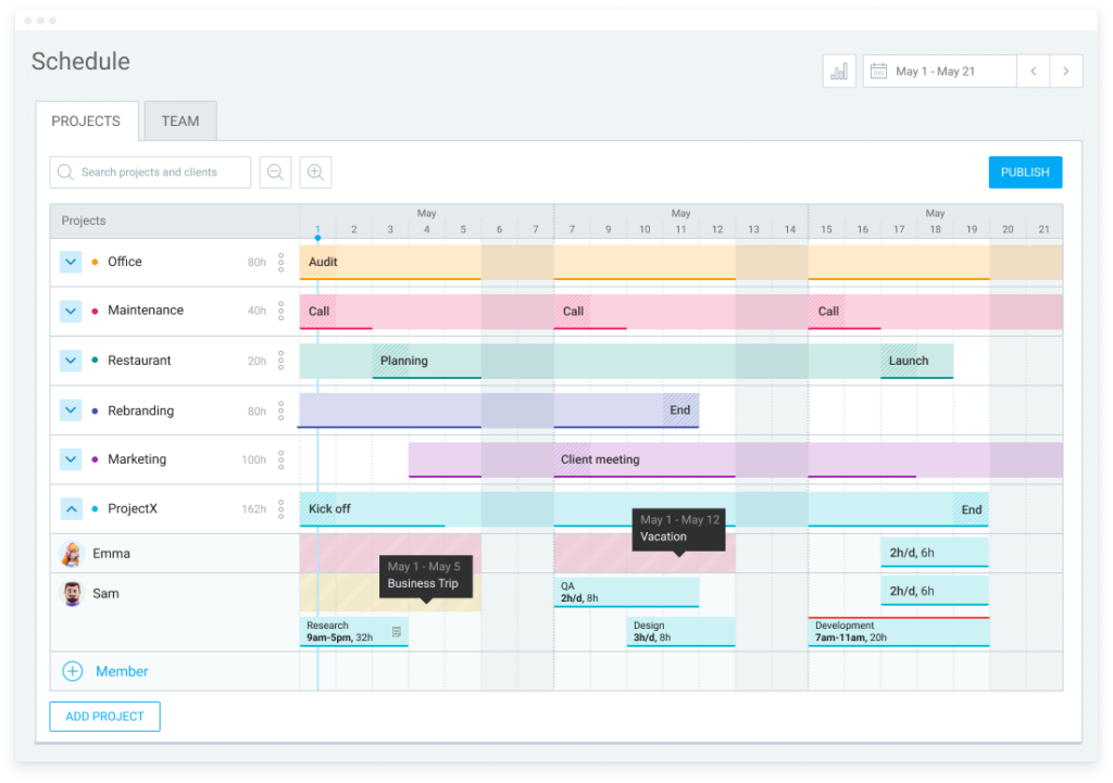 Project and task scheduling in Clockify.
