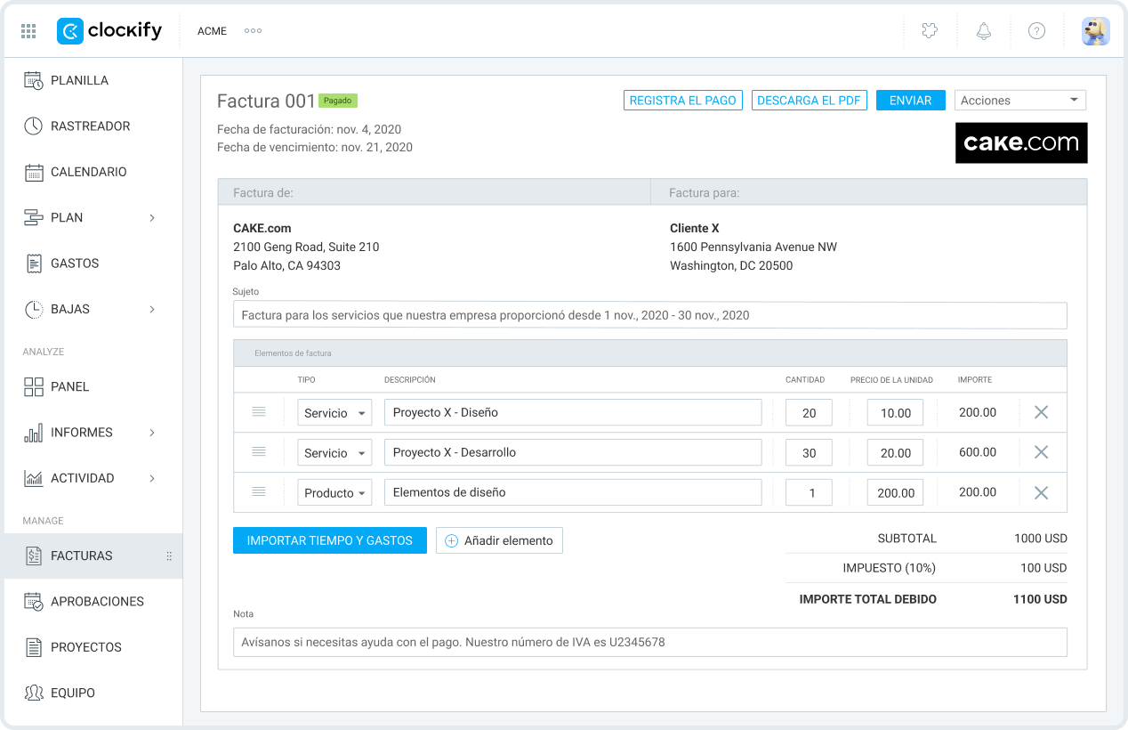 Invoices in Clockify