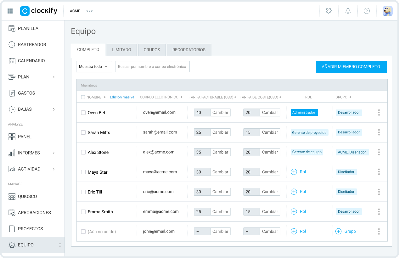 Gestiona tu equipo en Clockify
