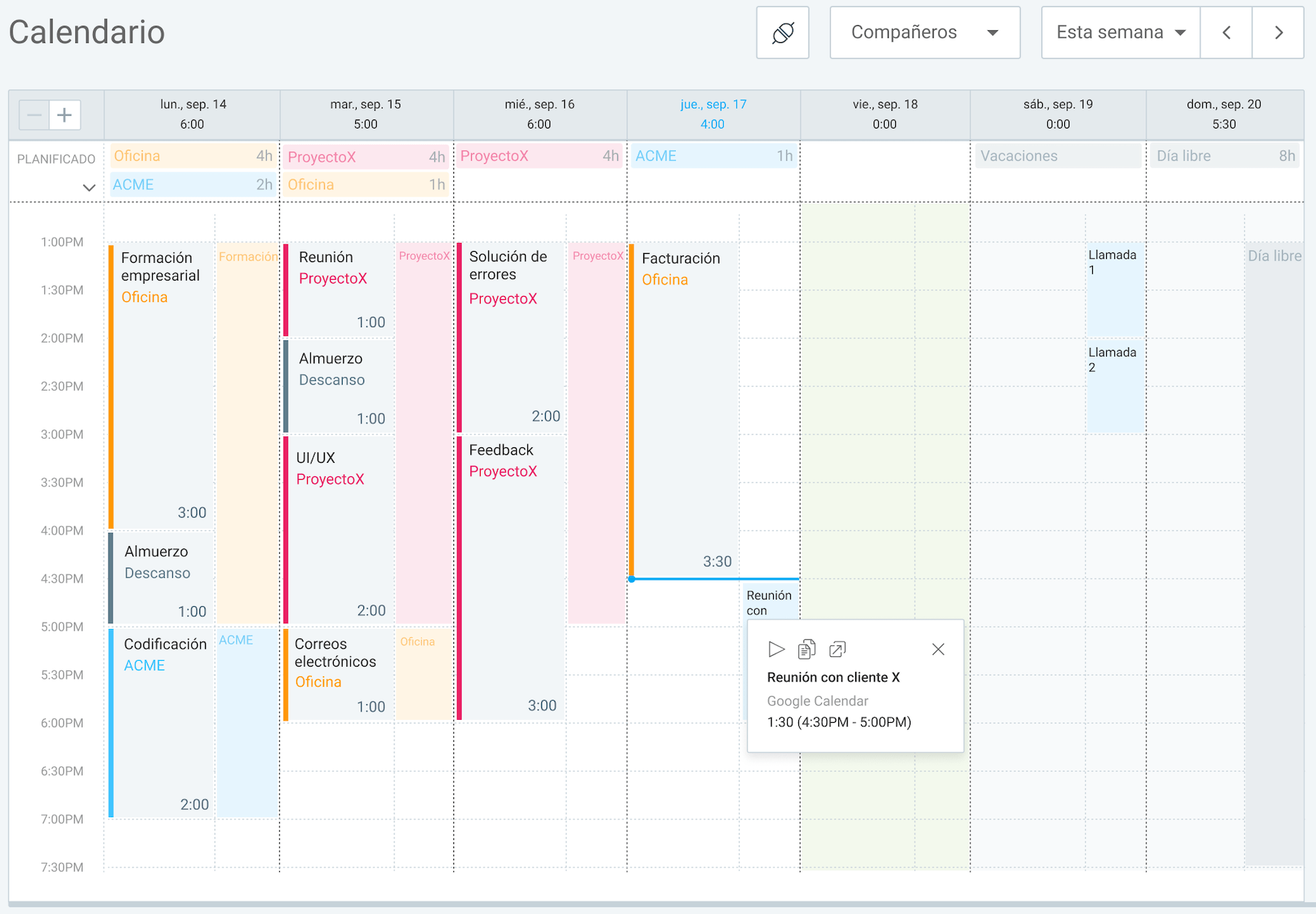 Calendario de Clockify con eventos y asignaciones