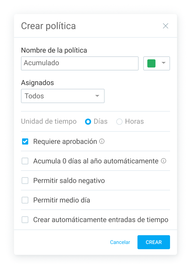 Creación de una política especial de tiempo libre "ganado" para las horas extras acumuladas de los empleados