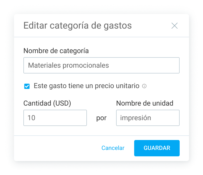 Creación de una categoría de gasto para el material promocional con un precio unitario expresado por impresión