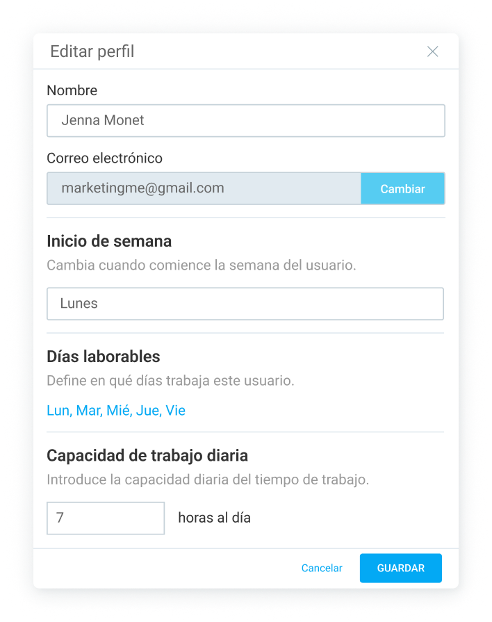 Configuración de los ajustes del perfil de usuario, días laborables y capacidad de trabajo diaria
