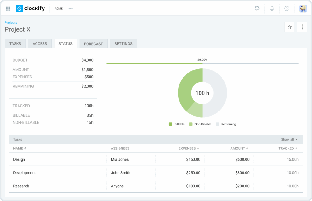 Tracking project's progress in Clockify