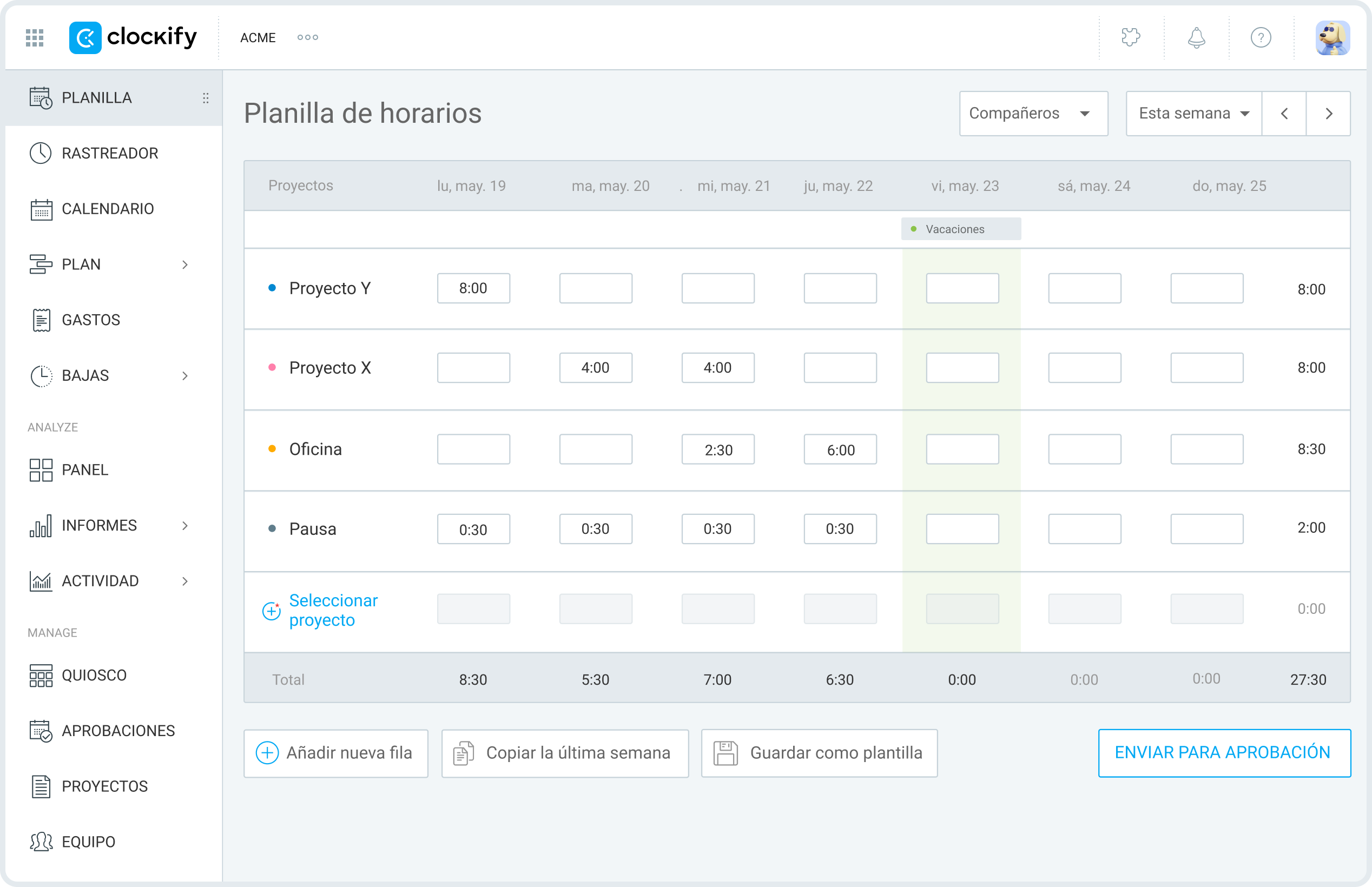 Completa las planillas de horarios diarias o semanales con Clockify
