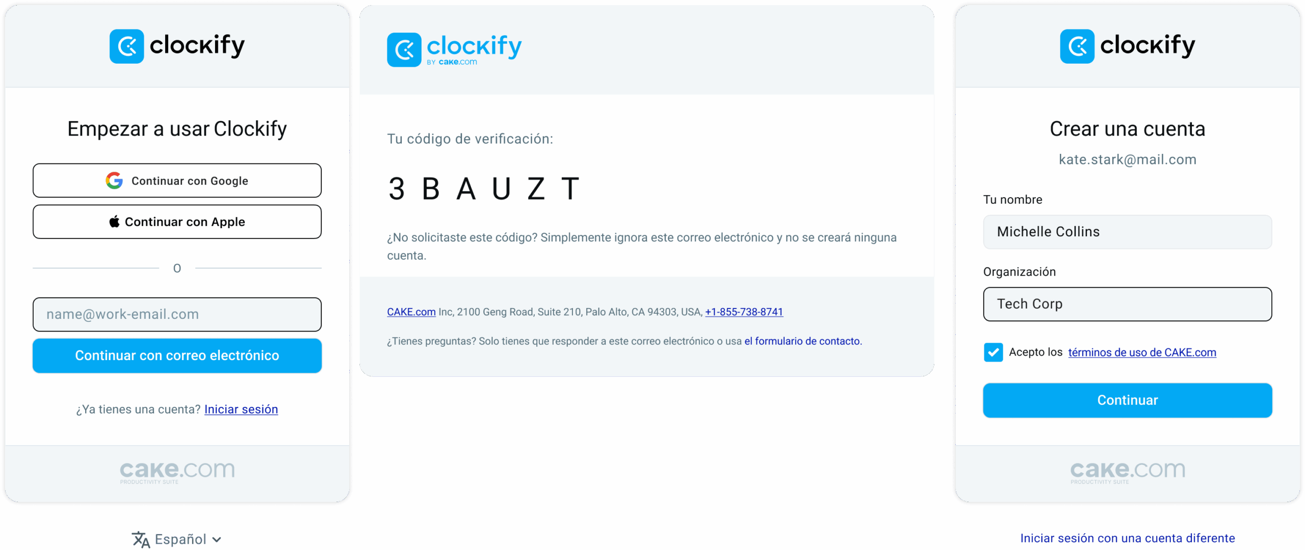 Proceso de registración de Clockify
