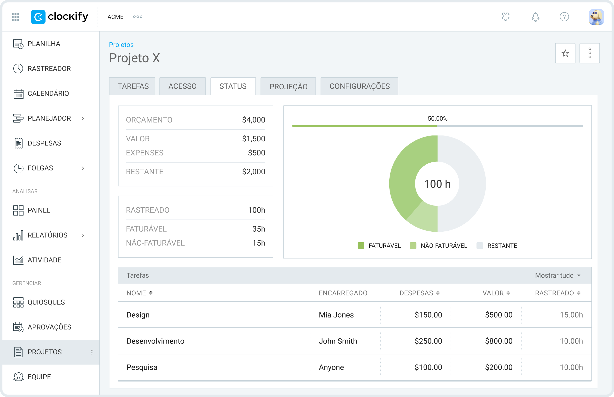 Tracking project's progress in Clockify