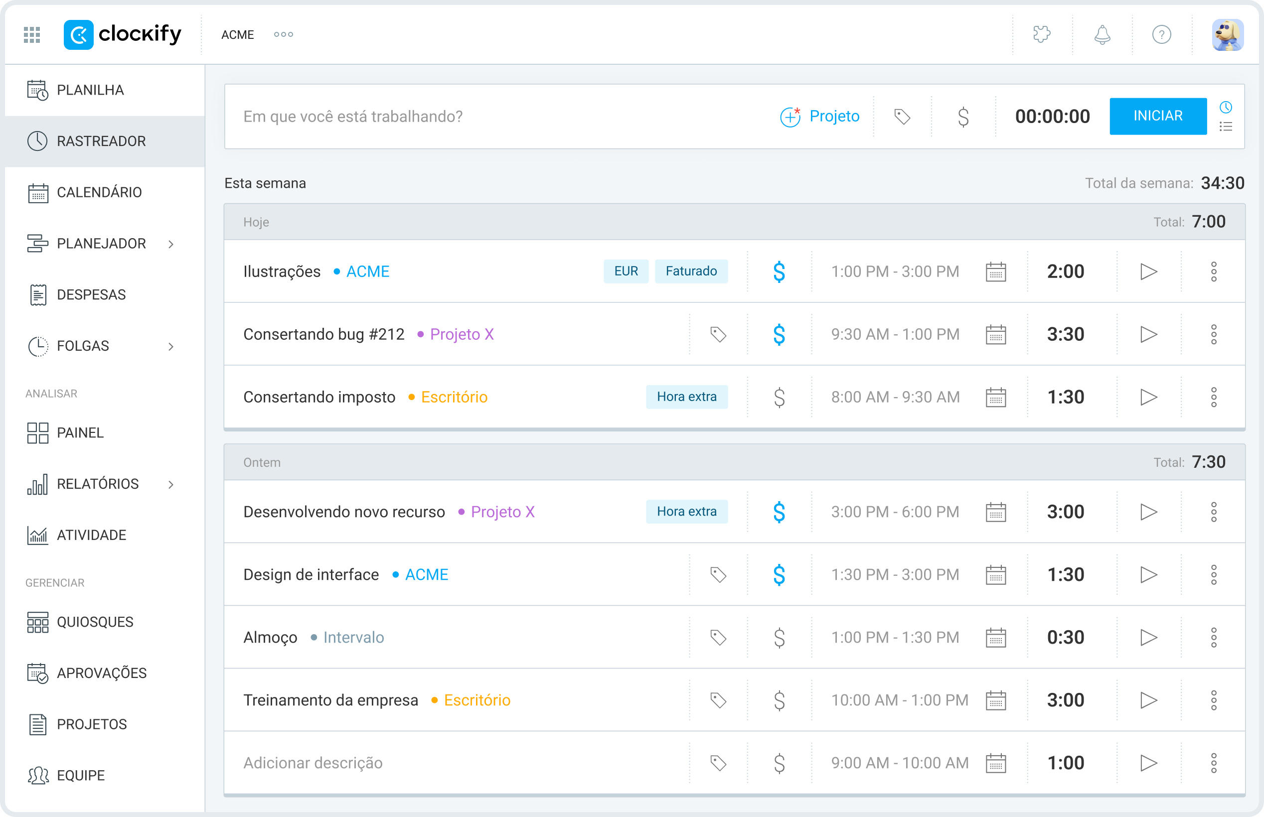 Time tracker in Clockify