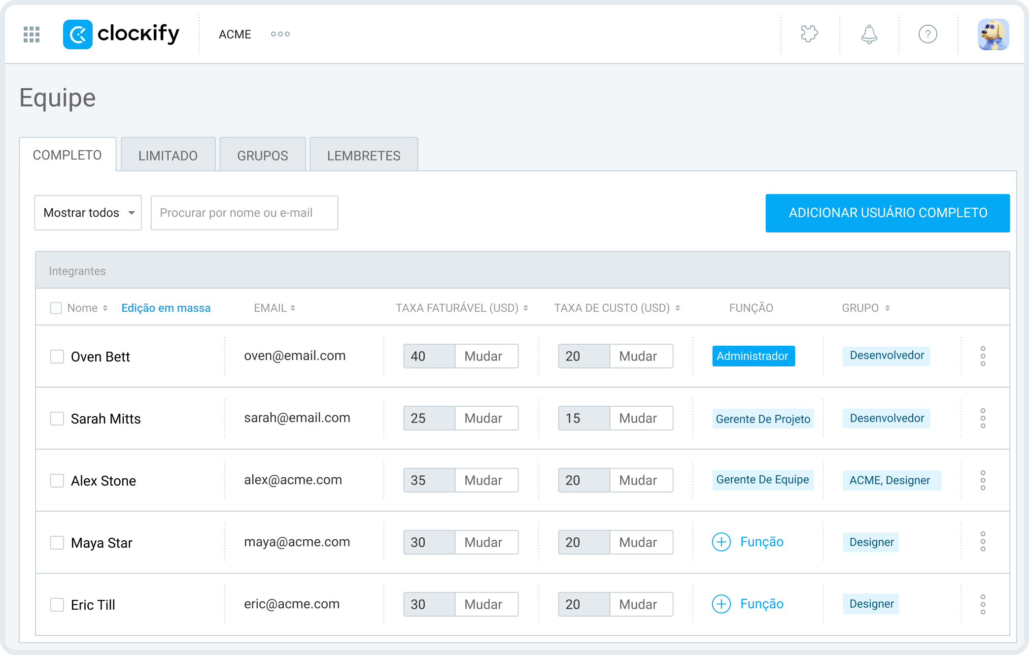 Team page in Clockify