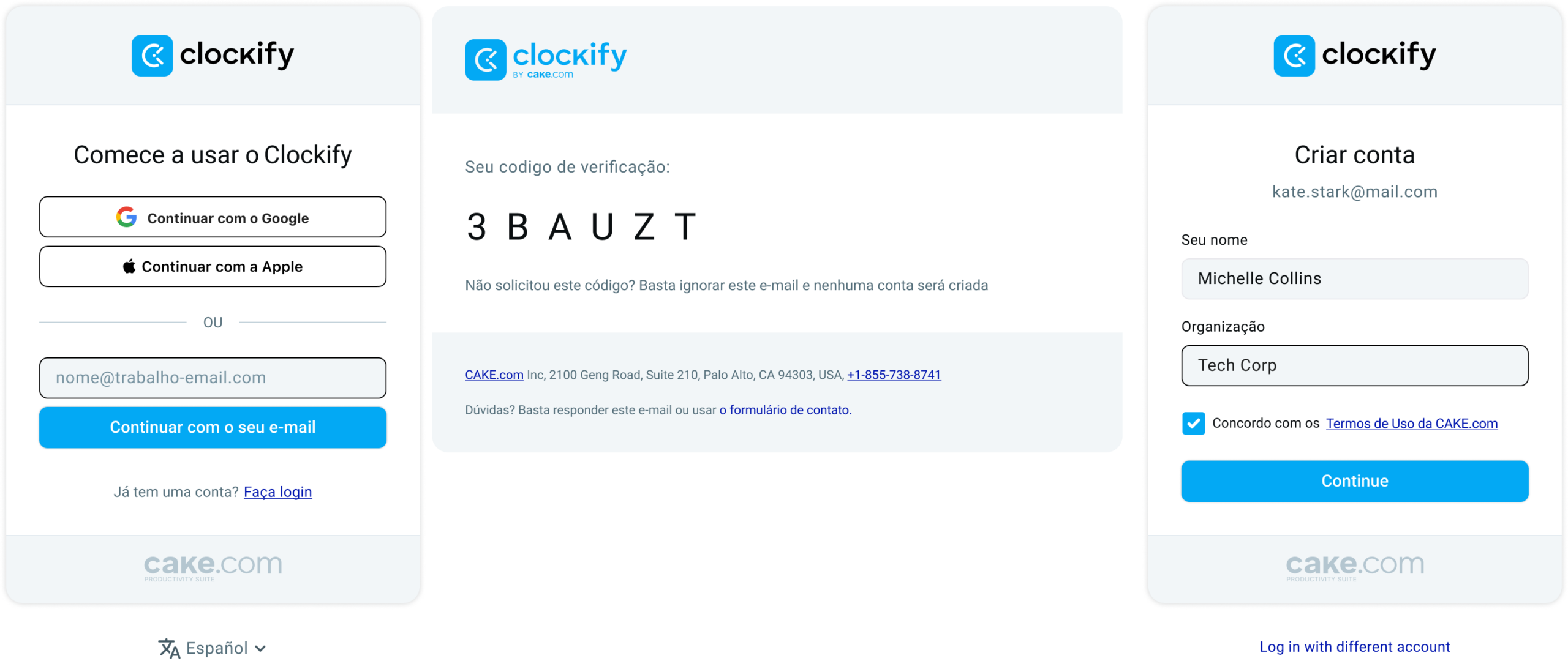 Processo de inscrição no Clockify