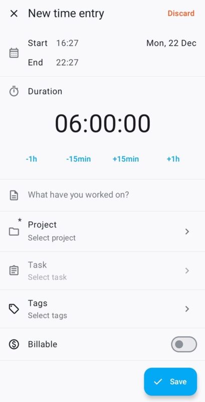Adding entry details in Clockify’s mobile app