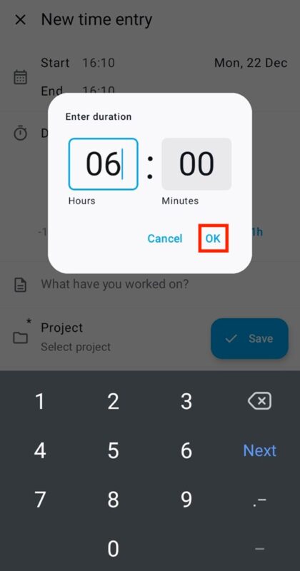 Click “OK” to save hours worked