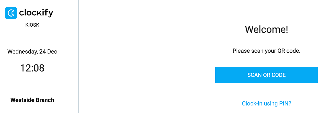 Click “Scan QR code” to clock in via Clockify’s kiosk