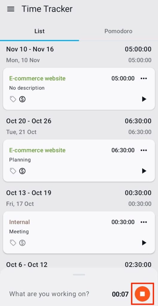 Click the stop button to clock out