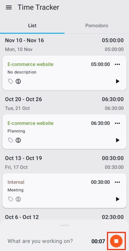 Click the stop button to clock out