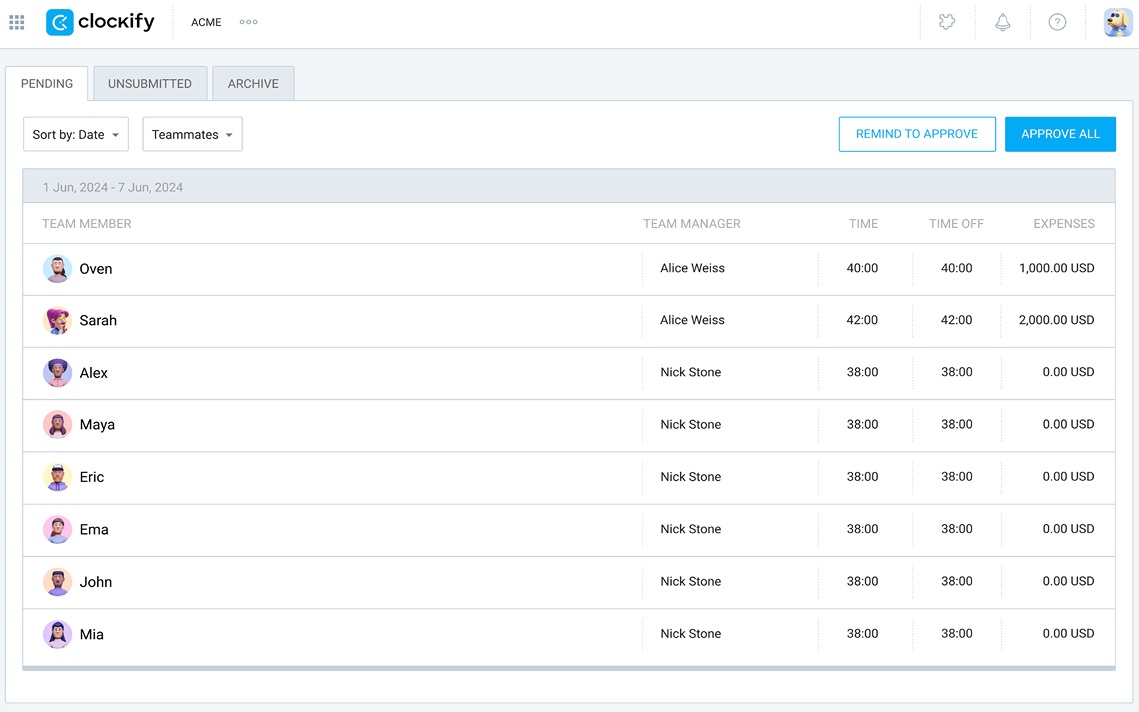 Clockify’s approval feature