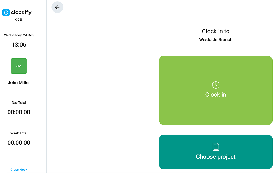 Clocking in via Clockify’s kiosk