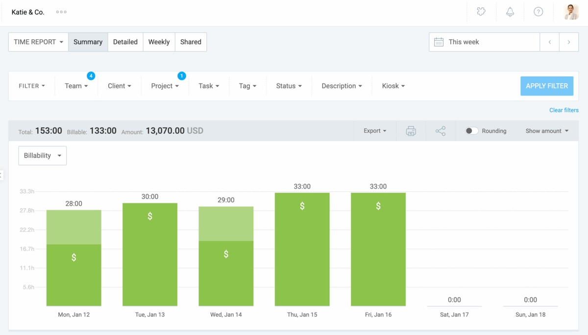 Comparing billable and non-billable hours in Clockify