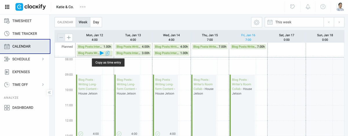 Copying planned hours as time entries in Clockify