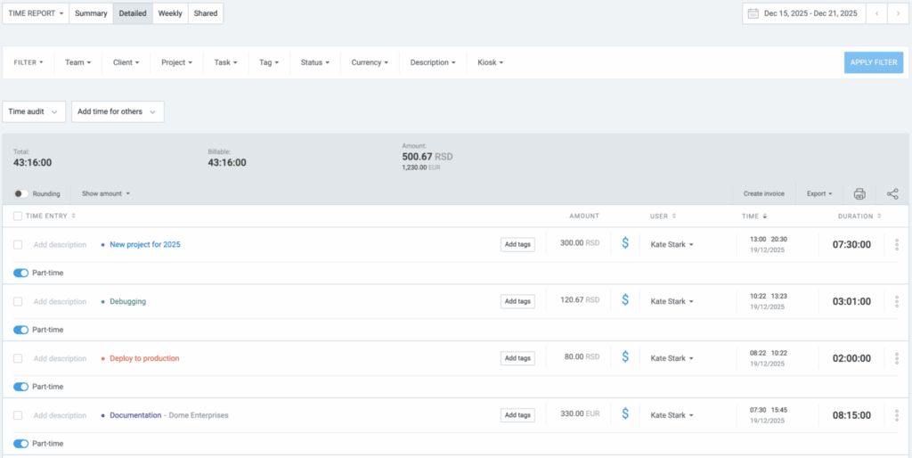 Detailed report in Clockify