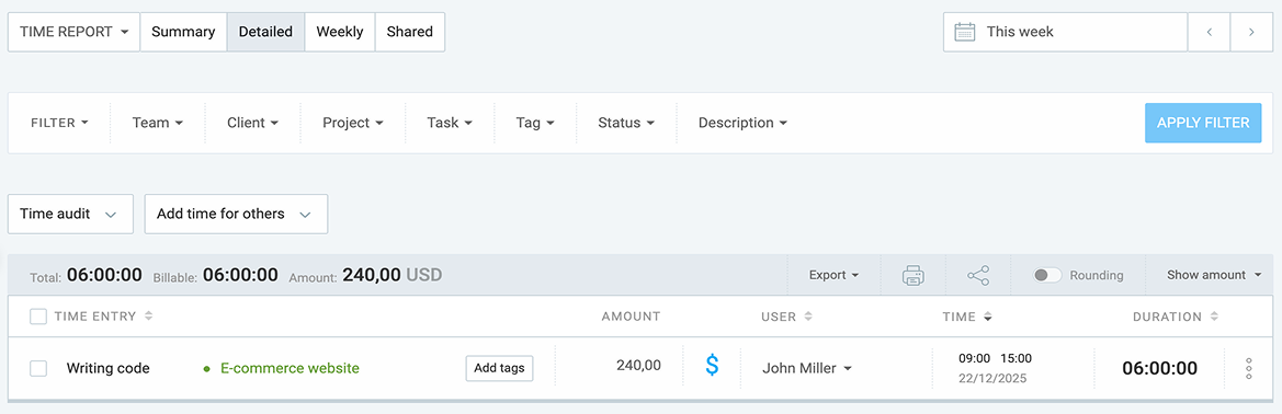 Detailed report in Clockify’s web app