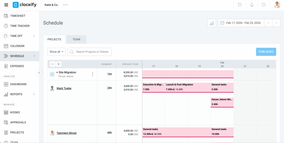 Scheduling work hours in Clockify