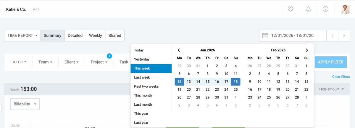 Selecting the time range in Clockify’s summary report
