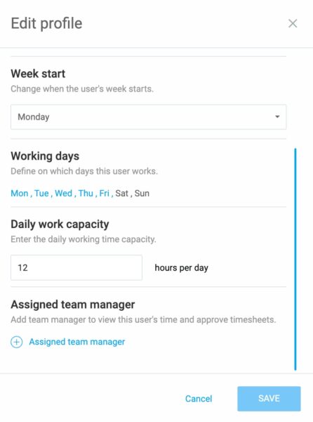 Setting the daily work capacity of a user in Clockify