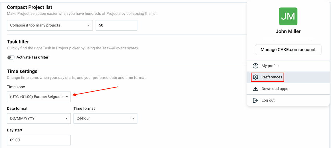 Setting the time zone in Clockify