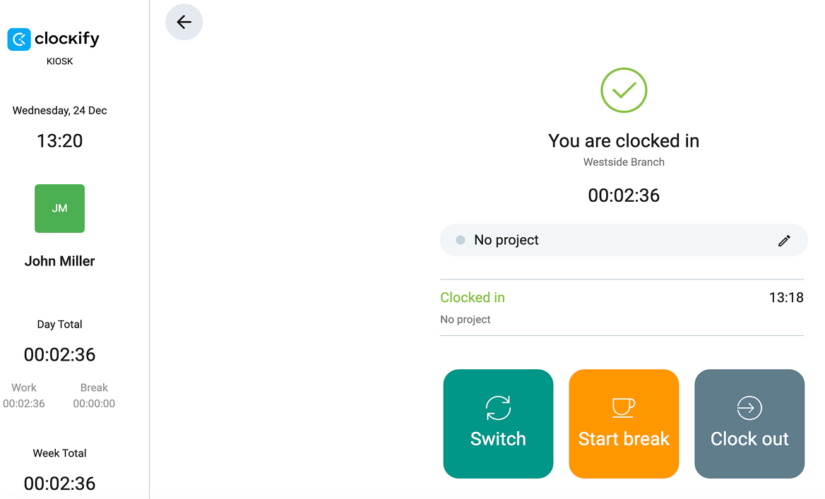 Starting the break in Clockify’s kiosk