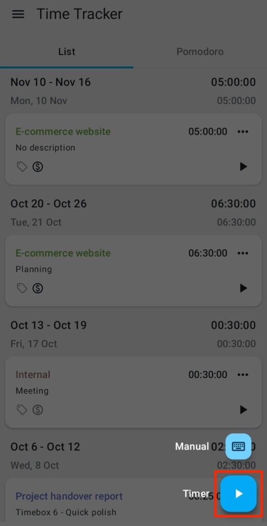 Starting the timer in Clockify’s mobile app