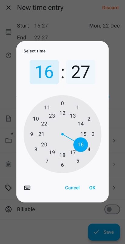 The time picker in Clockify’s mobile app