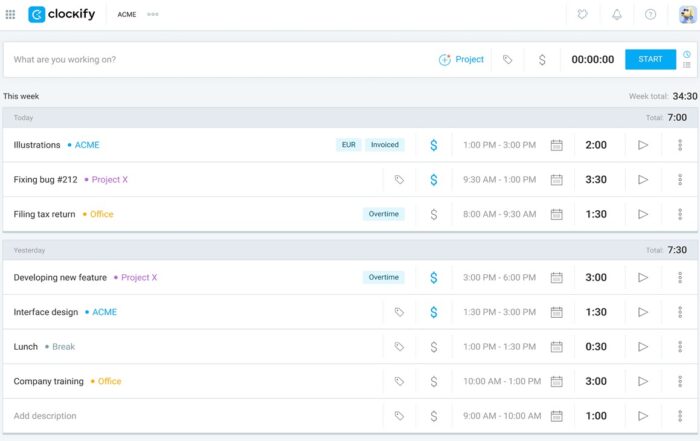 Timer in Clockify’s web app