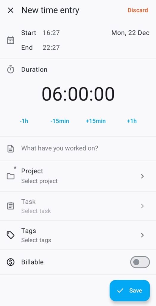 Adding entry details in Clockify’s mobile app