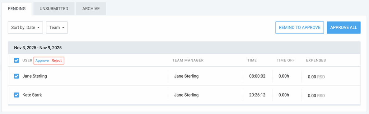 Approving/rejecting timesheets in bulk