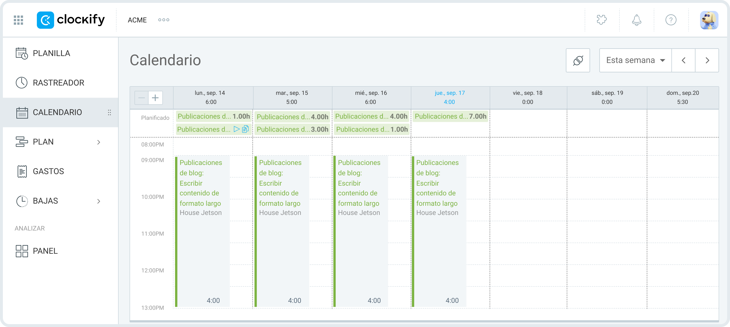 Copia las horas planificadas como entradas de tiempo en Clockify