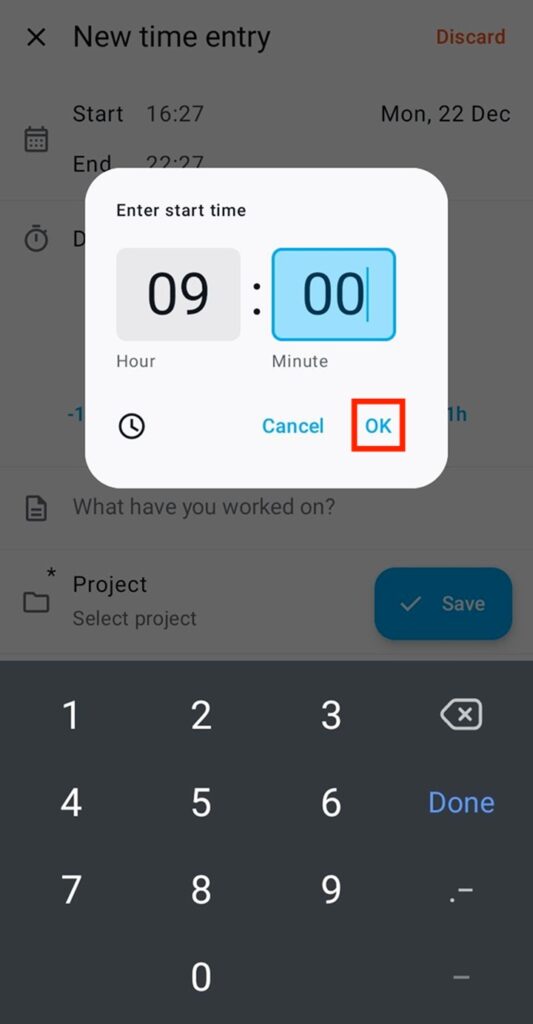 Changing the start time in Clockify’s mobile app